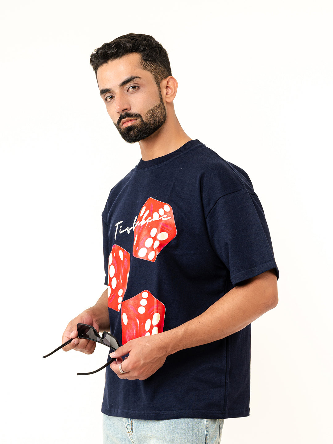 Navy Blue 3 Dice Puff Print Oversized T-shirt