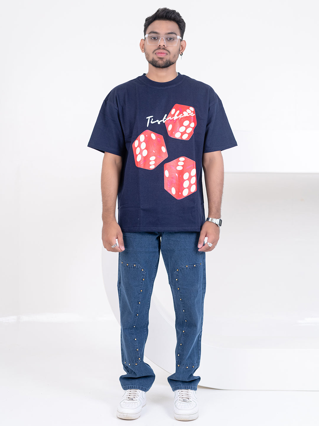 Navy Blue 3 Dice Puff Print Oversized T-shirt