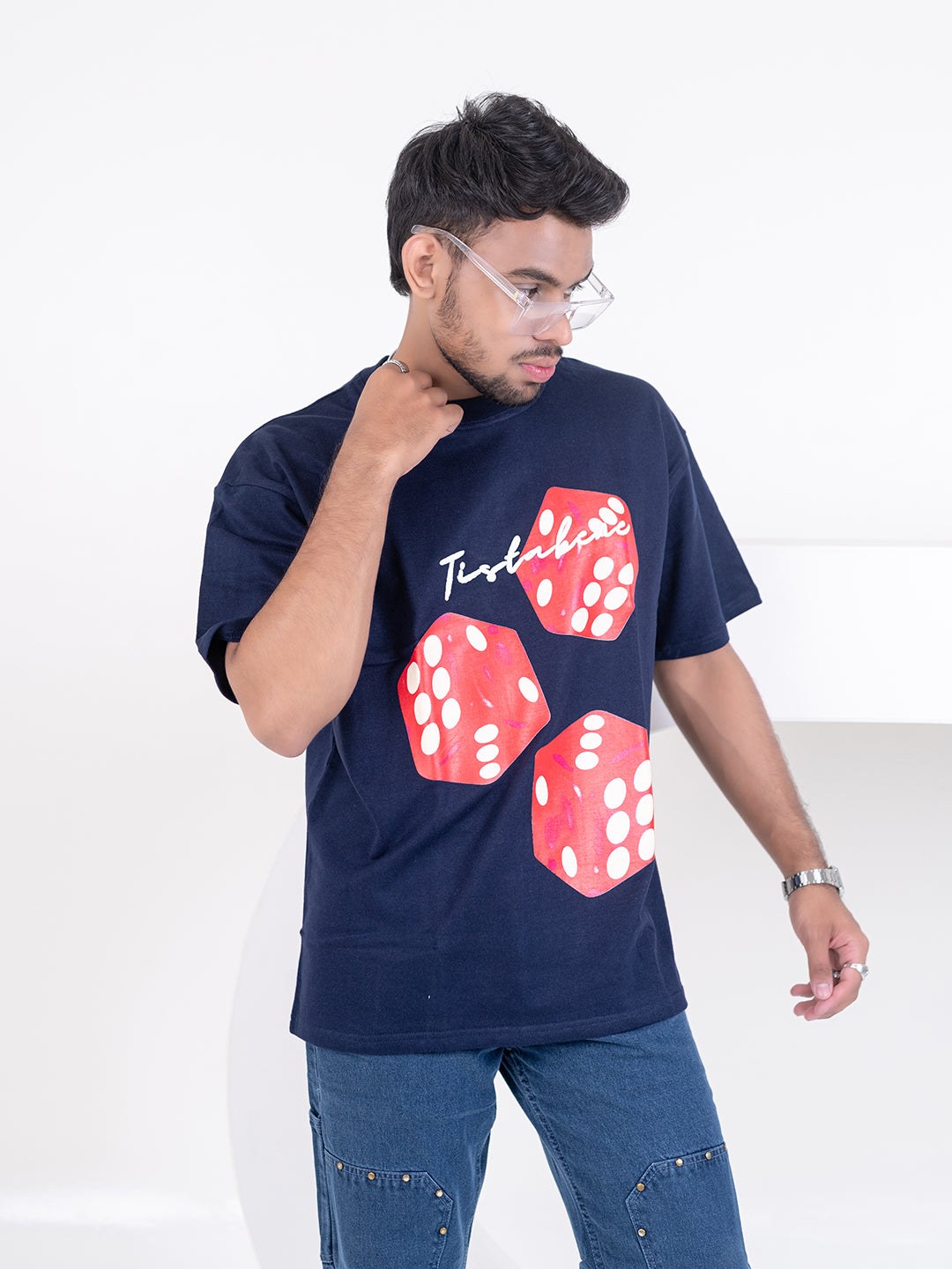 Navy Blue 3 Dice Puff Print Oversized T-shirt