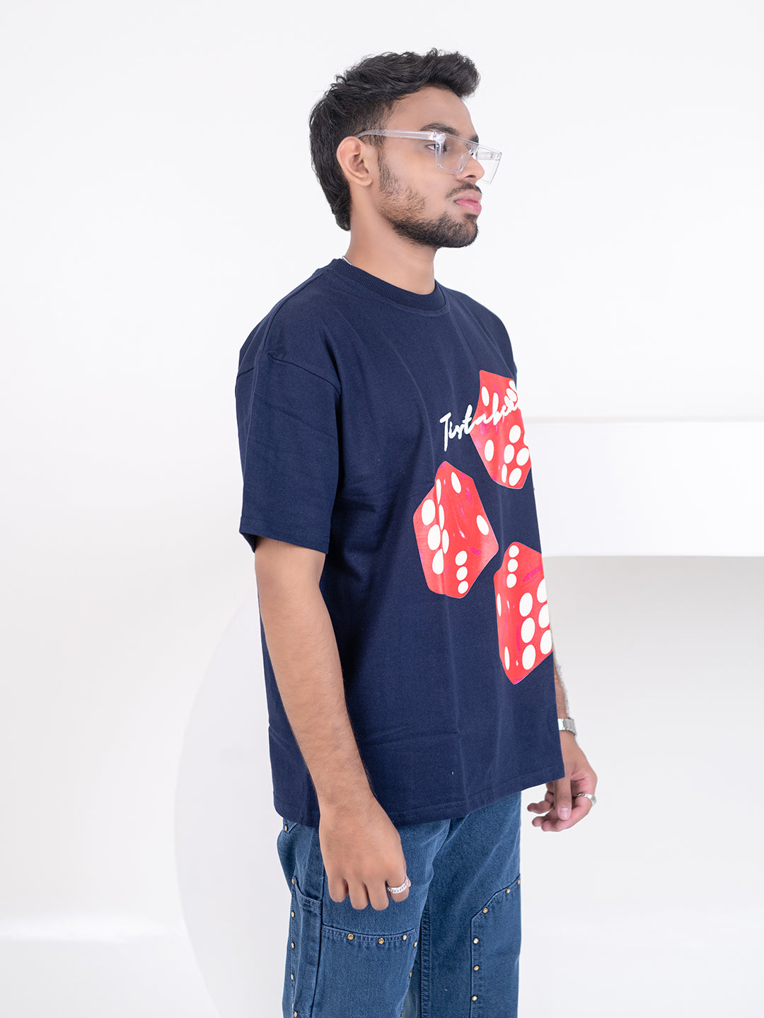 Navy Blue 3 Dice Puff Print Oversized T-shirt