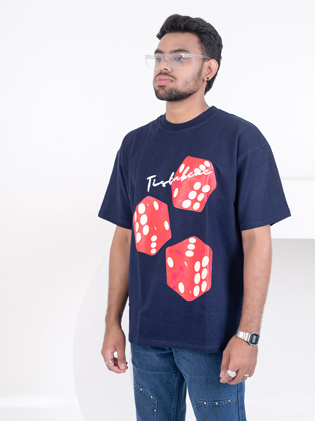 Navy Blue 3 Dice Puff Print Oversized T-shirt