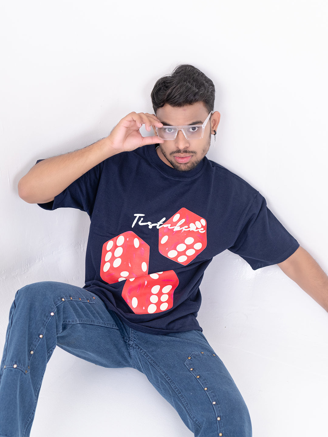 Navy Blue 3 Dice Puff Print Oversized T-shirt