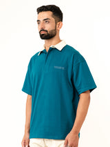 Teal Blue Cotton Oversized Polo T-shirt