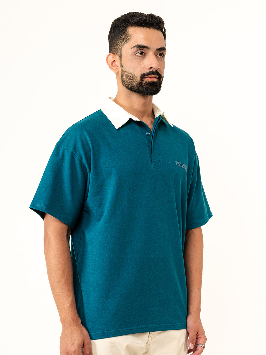 Teal Blue Cotton Oversized Polo T-shirt