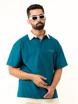 Teal Blue Cotton Oversized Polo T-shirt