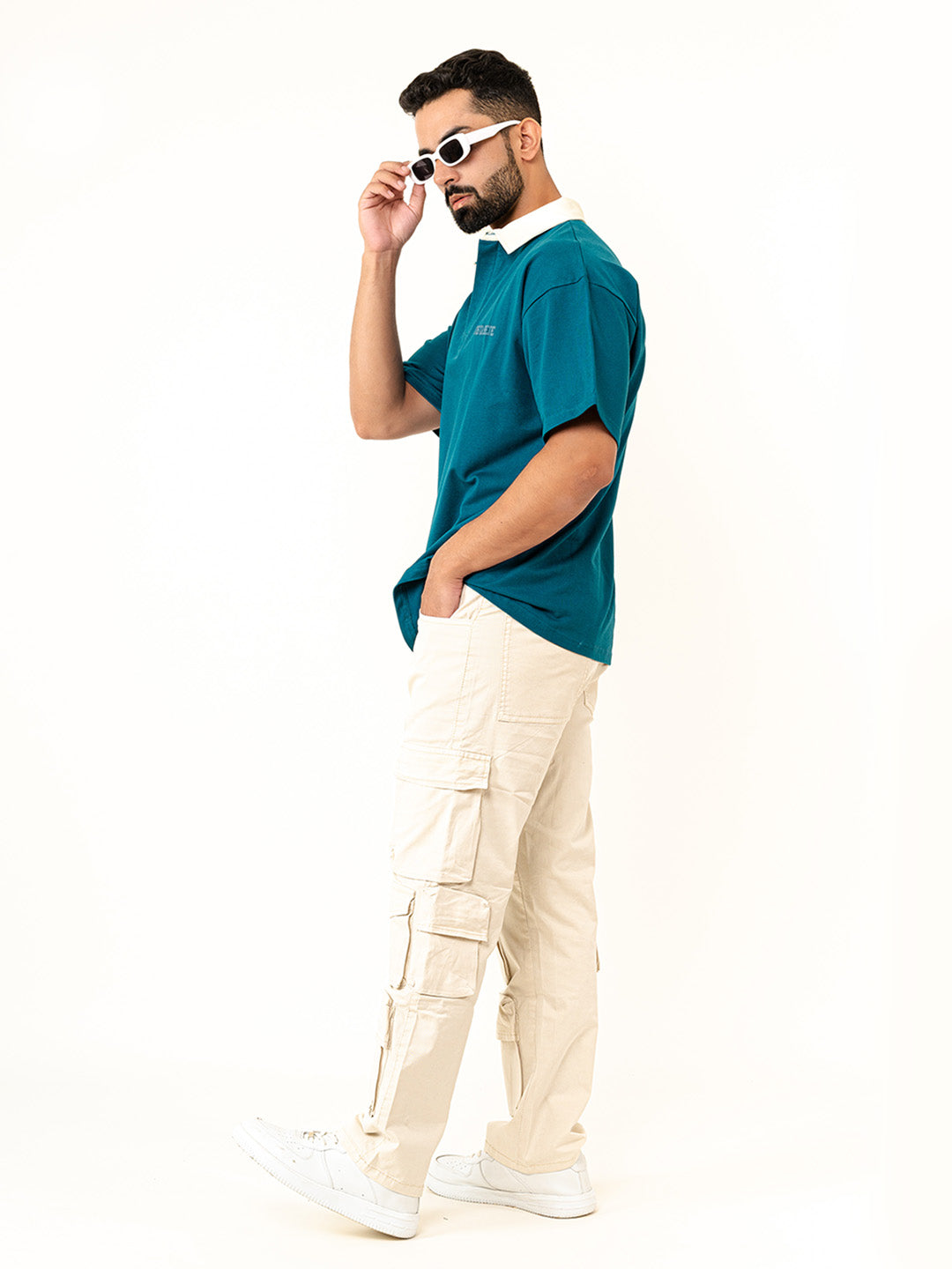 Teal Blue Cotton Oversized Polo T-shirt