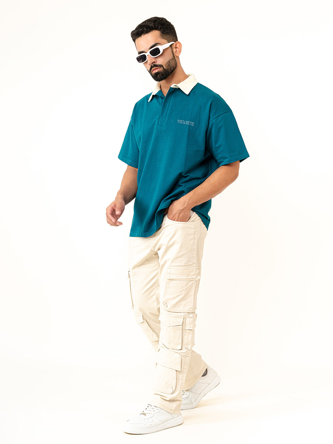 Teal Blue Cotton Oversized Polo T-shirt