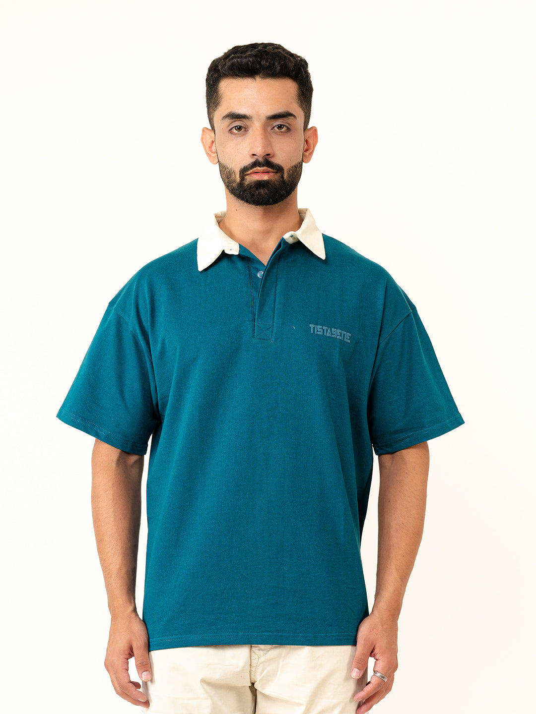 Teal Blue Cotton Oversized Polo T-shirt