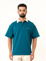 Teal Blue Cotton Oversized Polo T-shirt