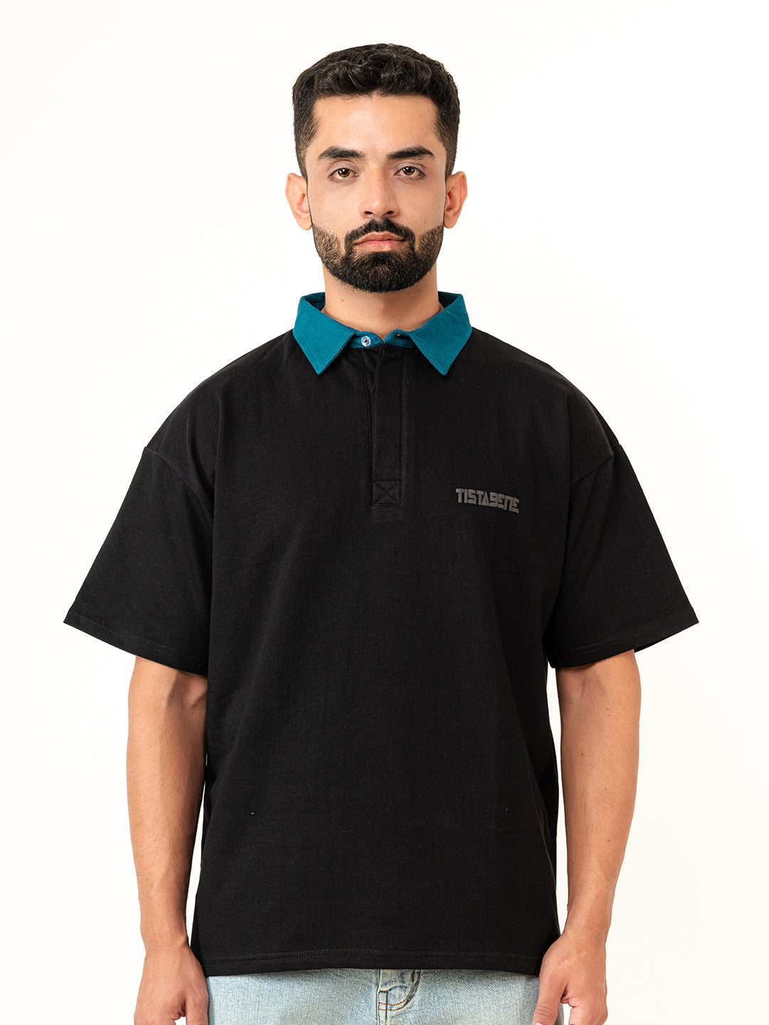 Black Cotton Oversized Polo T-shirt