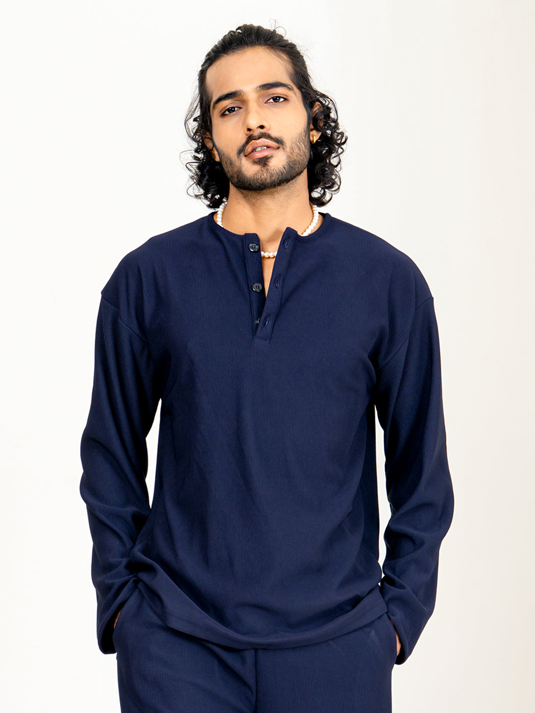 Navy Blue Cord Henley T-Shirt