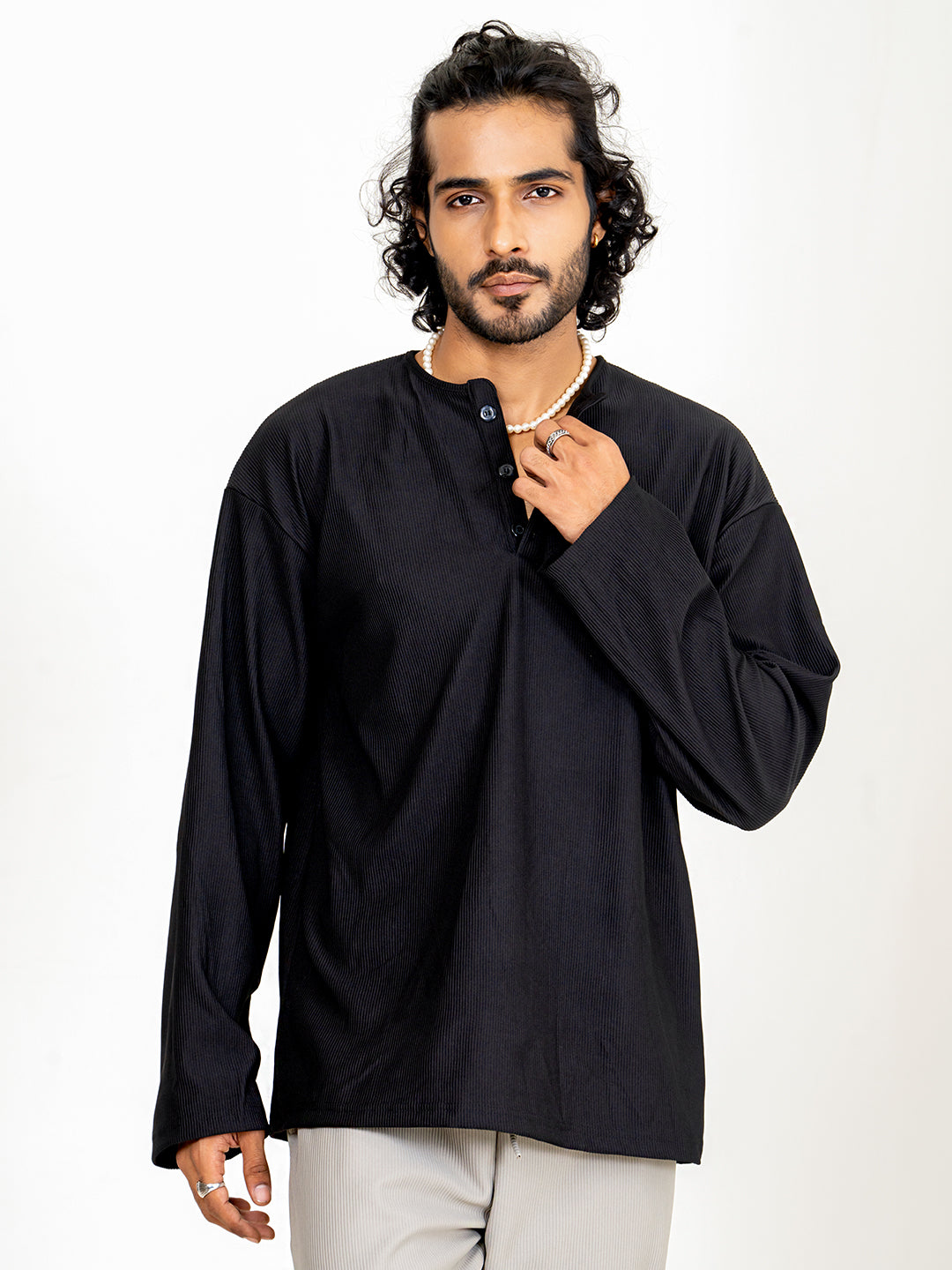 Black Cord Henley T-Shirt