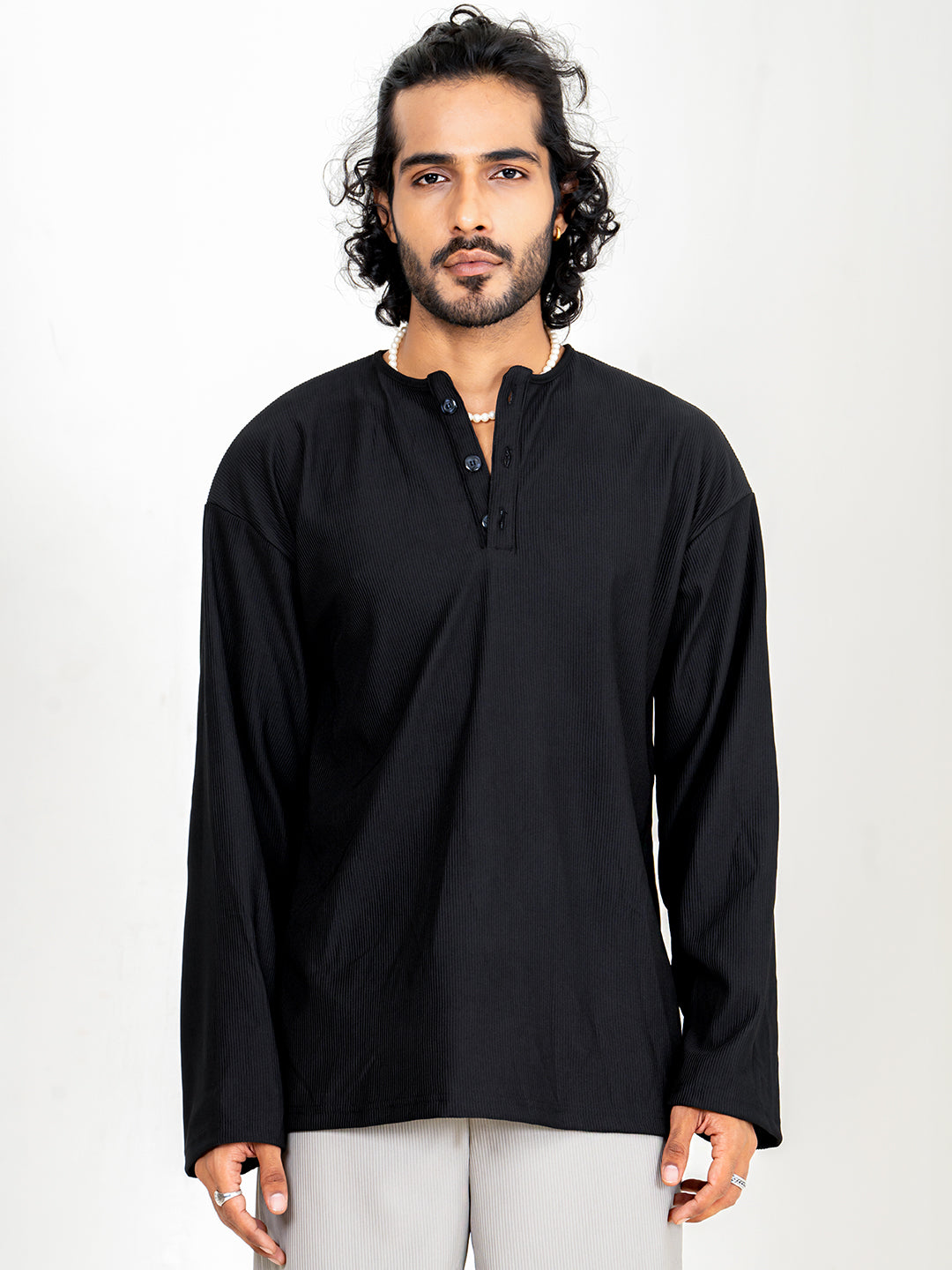 Black Cord Henley T-Shirt