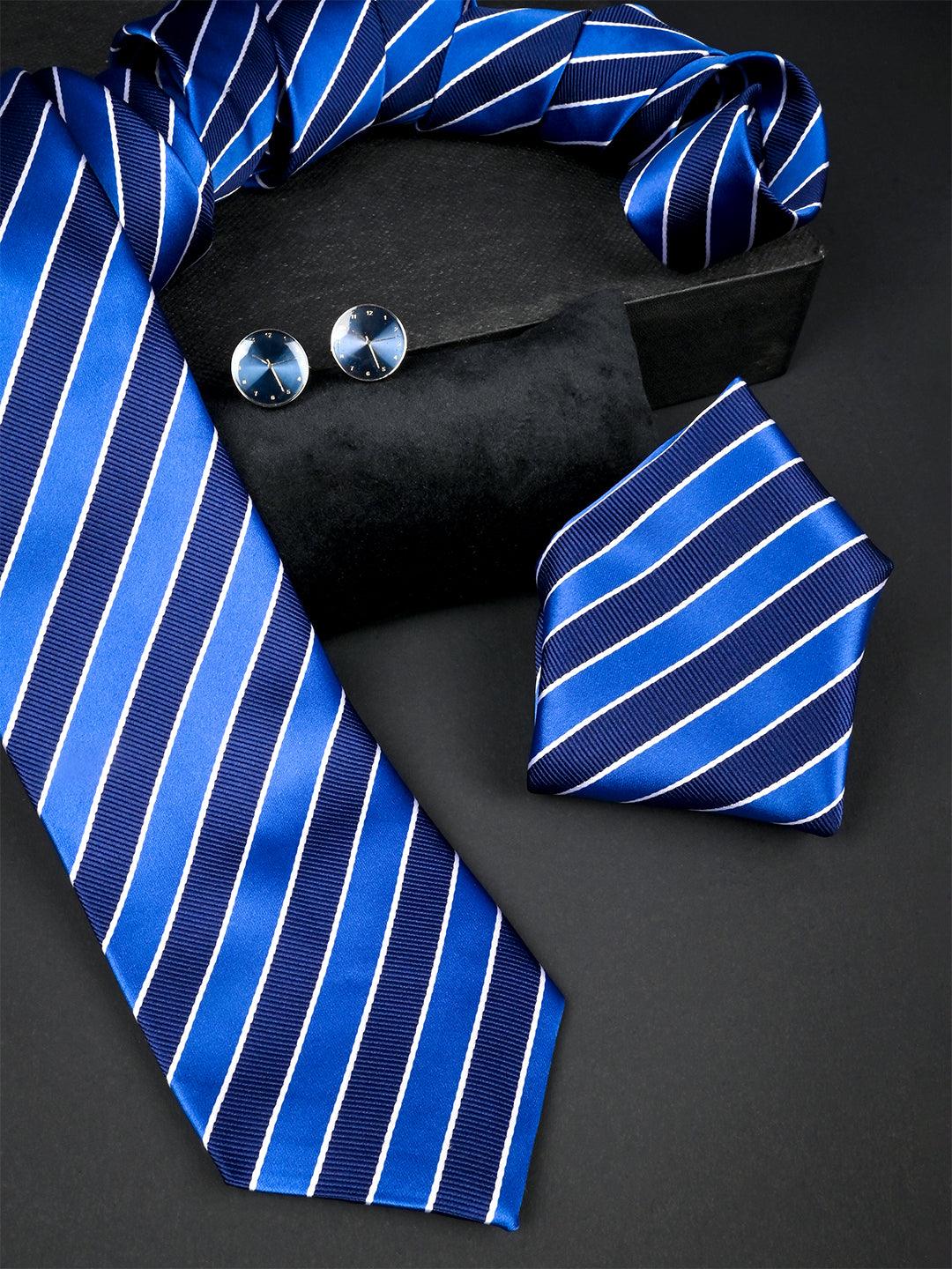 Blue Striped Micro Silk Necktie With Pocket Square & Cufflinks - Tistabene