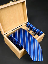 Blue Striped Micro Silk Necktie With Pocket Square & Cufflinks - Tistabene