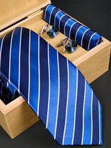 Blue Striped Micro Silk Necktie With Pocket Square & Cufflinks - Tistabene