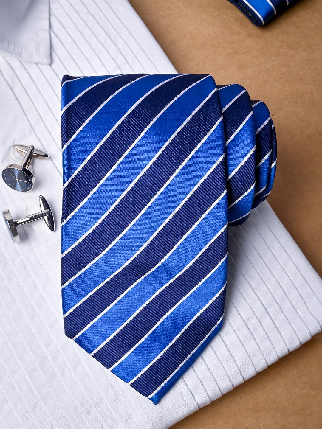 Blue Striped Micro Silk Necktie With Pocket Square & Cufflinks - Tistabene