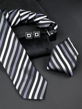 Black Striped Micro Silk Necktie With Pocket Square & Cufflinks - Tistabene