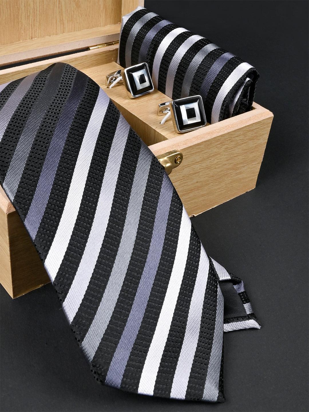 Black Striped Micro Silk Necktie With Pocket Square & Cufflinks - Tistabene