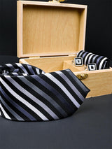 Black Striped Micro Silk Necktie With Pocket Square & Cufflinks - Tistabene