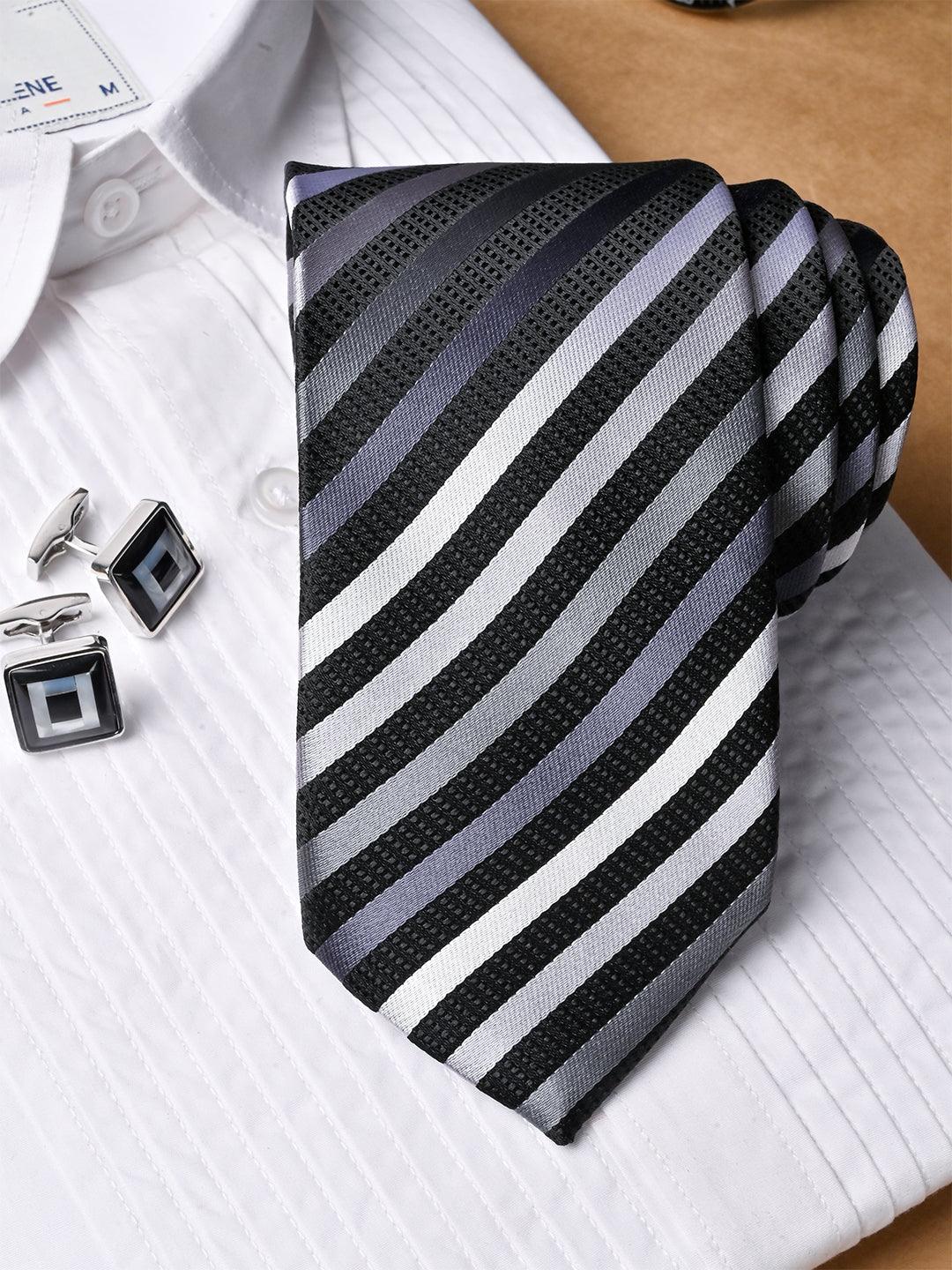 Black Striped Micro Silk Necktie With Pocket Square & Cufflinks - Tistabene