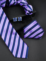 Purple Striped Micro Silk Necktie With Pocket Square & Cufflinks - Tistabene