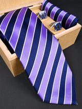 Purple Striped Micro Silk Necktie With Pocket Square & Cufflinks - Tistabene