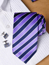 Purple Striped Micro Silk Necktie With Pocket Square & Cufflinks - Tistabene