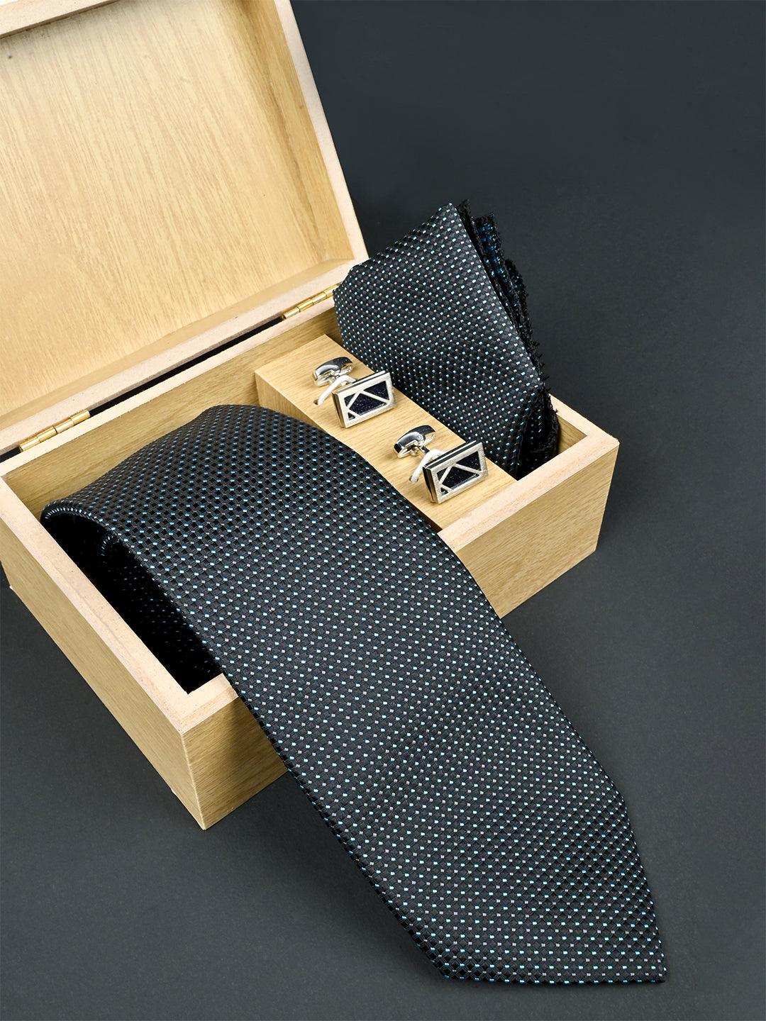 Black Polka Dots Micro Silk Necktie With Pocket Square & Cufflinks - Tistabene