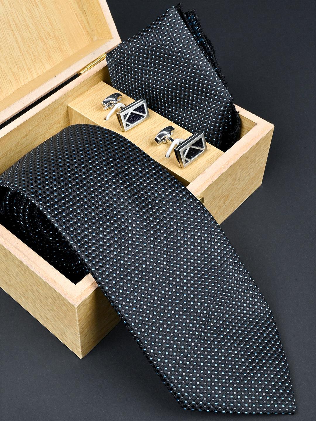 Black Polka Dots Micro Silk Necktie With Pocket Square & Cufflinks - Tistabene