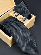 Black Polka Dots Micro Silk Necktie With Pocket Square & Cufflinks - Tistabene