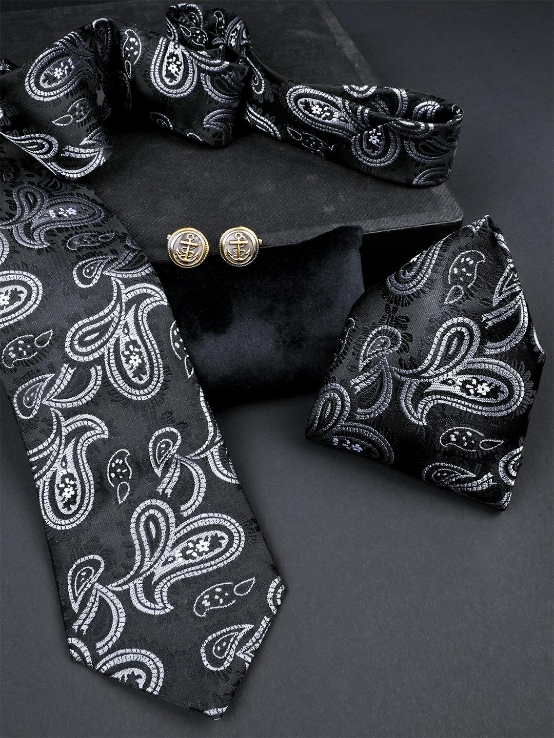 Black Paisley Micro Silk Necktie With Pocket Square & Cufflinks - Tistabene