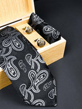 Black Paisley Micro Silk Necktie With Pocket Square & Cufflinks - Tistabene