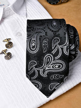 Black Paisley Micro Silk Necktie With Pocket Square & Cufflinks - Tistabene