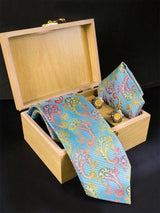 Multi Paisley Micro Silk Necktie With Pocket Square & Cufflinks - Tistabene