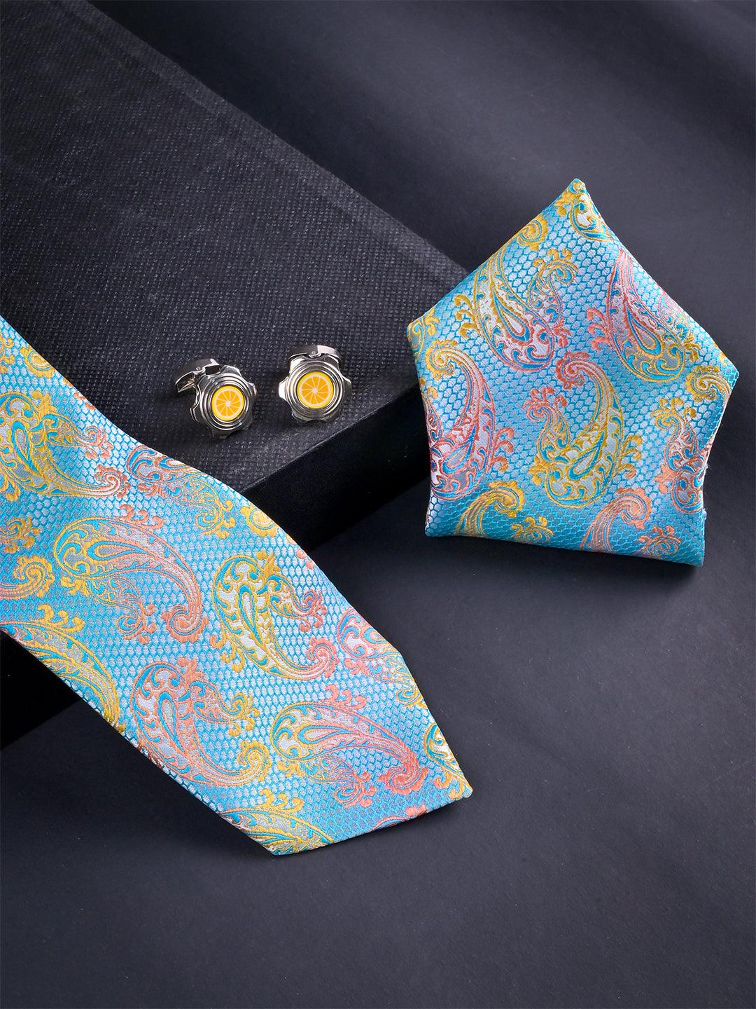 Multi Paisley Micro Silk Necktie With Pocket Square & Cufflinks - Tistabene