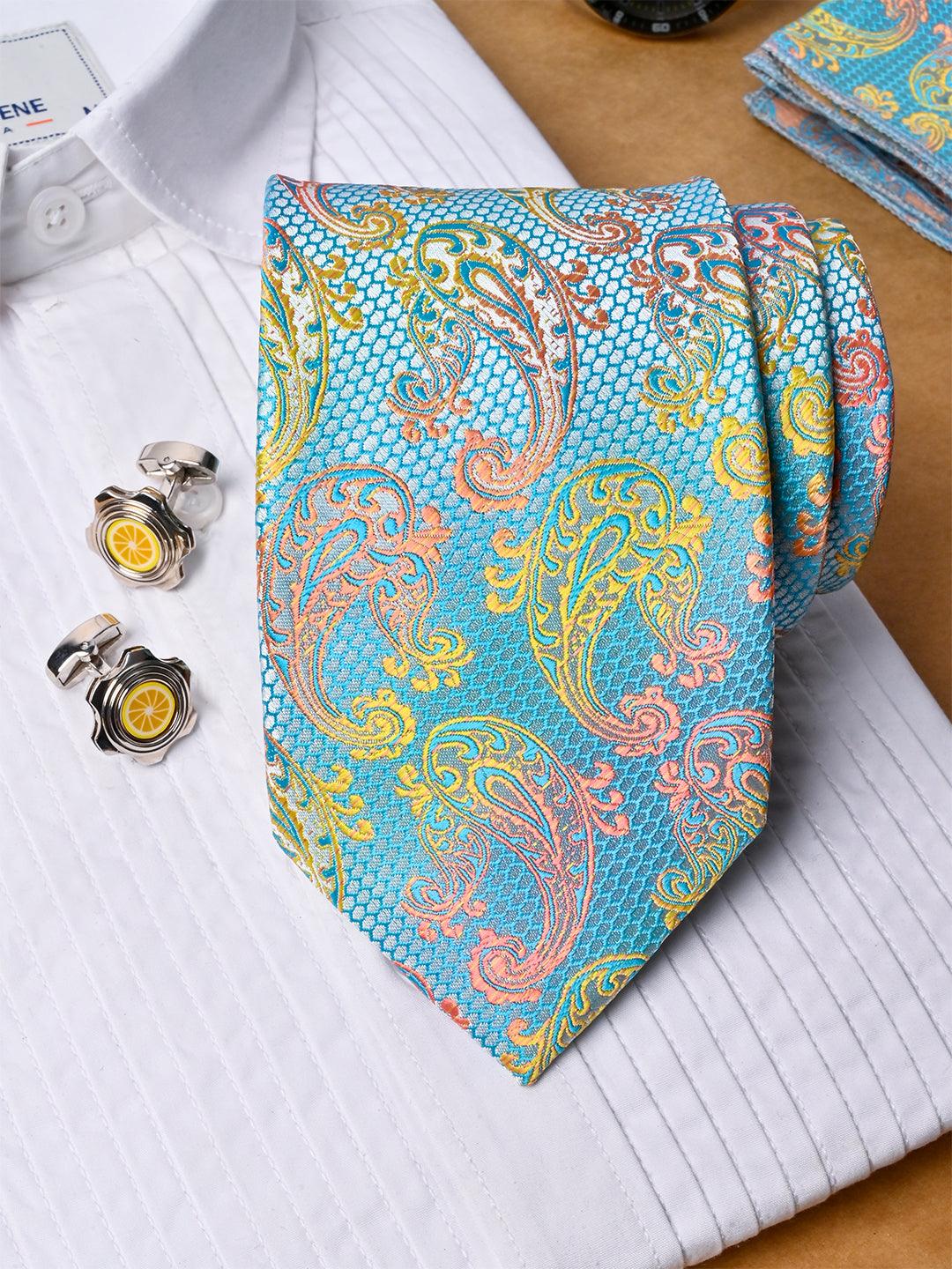 Multi Paisley Micro Silk Necktie With Pocket Square & Cufflinks - Tistabene