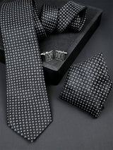 Black Floral Micro Silk Necktie With Pocket Square & Cufflinks - Tistabene