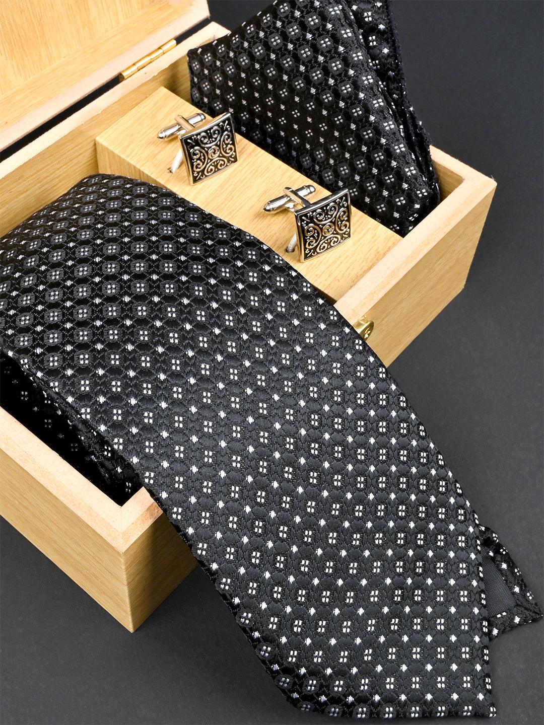 Black Floral Micro Silk Necktie With Pocket Square & Cufflinks - Tistabene