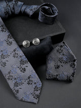 Grey Floral Micro Silk Necktie With Pocket Square & Cufflinks - Tistabene