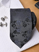 Grey Floral Micro Silk Necktie With Pocket Square & Cufflinks - Tistabene