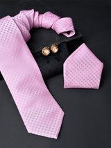 Baby Pink Floral Micro Silk Necktie With Pocket Square & Cufflinks - Tistabene