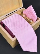 Baby Pink Floral Micro Silk Necktie With Pocket Square & Cufflinks - Tistabene