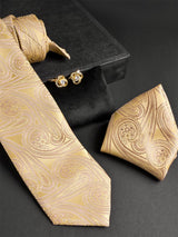 Golden Paisley Micro Silk Necktie With Pocket Square & Cufflinks - Tistabene