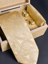 Golden Paisley Micro Silk Necktie With Pocket Square & Cufflinks - Tistabene