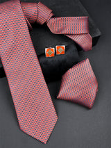 Red Checkered Micro Silk Necktie With Pocket Square & Cufflinks - Tistabene