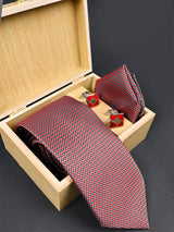 Red Checkered Micro Silk Necktie With Pocket Square & Cufflinks - Tistabene