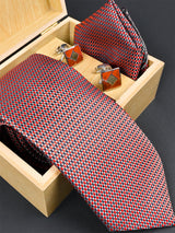 Red Checkered Micro Silk Necktie With Pocket Square & Cufflinks - Tistabene