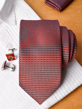 Red Checkered Micro Silk Necktie With Pocket Square & Cufflinks - Tistabene