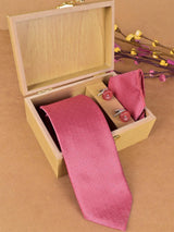 Pink Dobby Weave Micro Silk Necktie With Pocket Square & Cufflinks - Tistabene